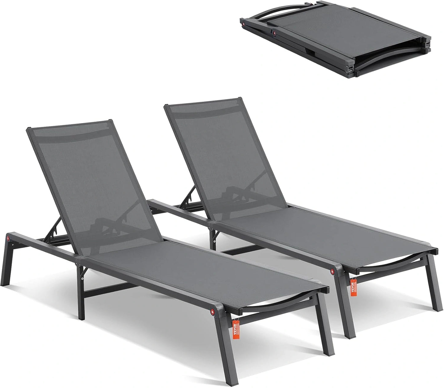 Lot de 2 Chaises Longues Plage et Jardin en Aluminium, Transats Pliables avec 5 Positions Ajustables, Coussinets Inclus, Gris Foncé
