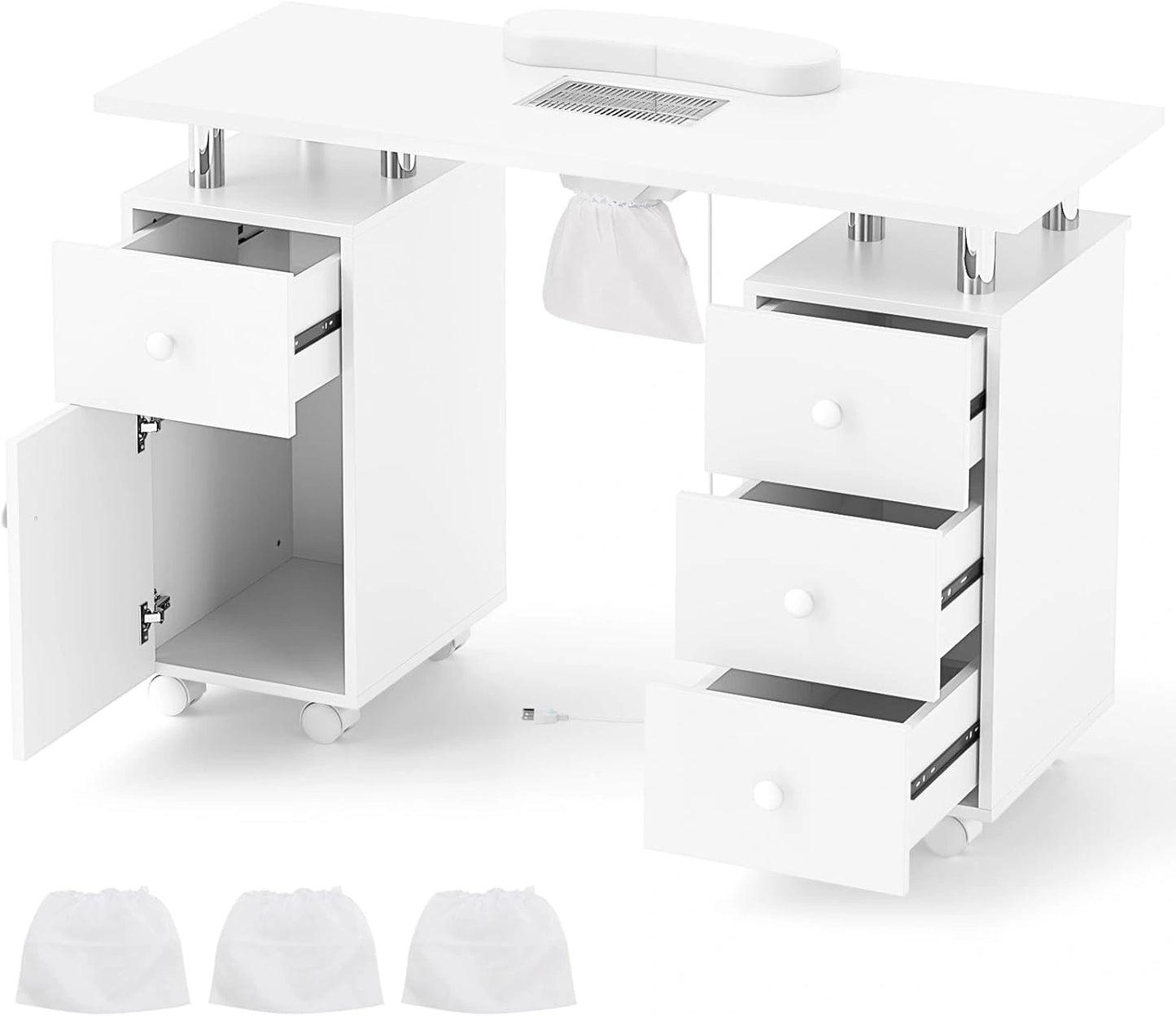 Table de Manucure Professionnelle avec Roues et Aspirateur - Blanc