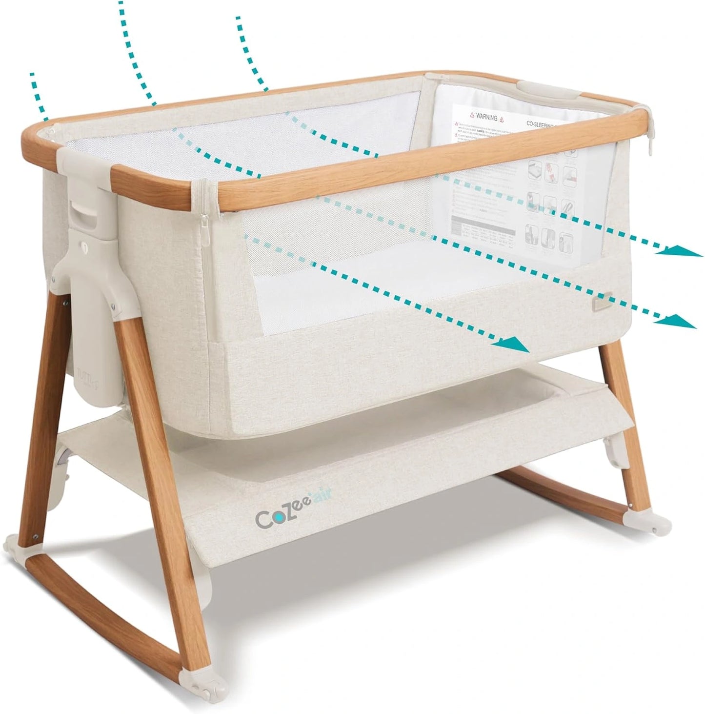 Lit Cododo Bébé CoZee® Air par Tutti Bambini avec Matelas Respirant et Hauteurs Réglables - Pliable avec Sac de Transport - Pour 0 à 6 Mois (Noyer & Écru)
