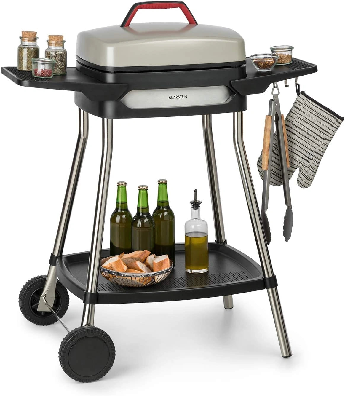 Barbecue Électrique sur Pied Klarstein Gatsby, 2000 W, Surface Antiadhésive 40x36 cm, Couvercle et Deux Tables, Beige/Noir