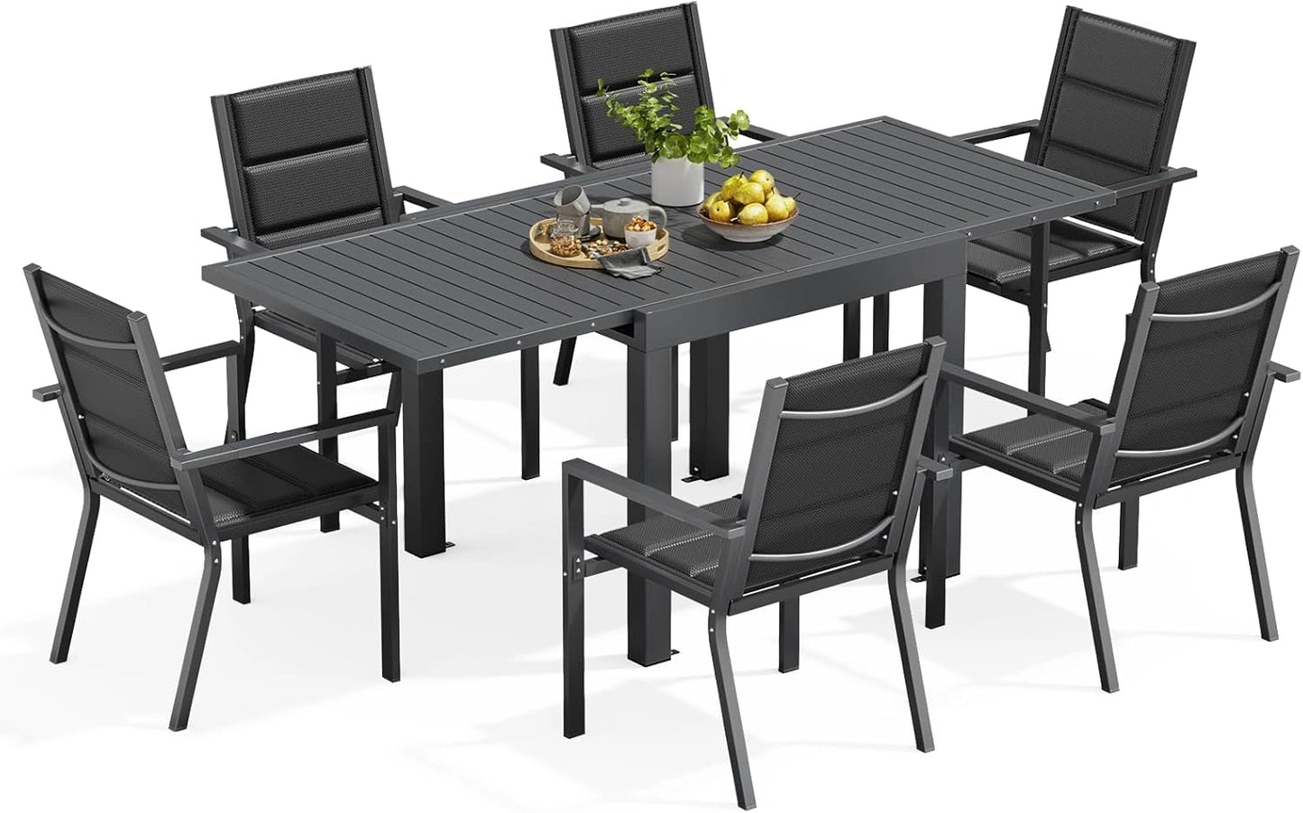 Ensemble de Jardin en Aluminium pour 6 Personnes, Table Extensible et Chaises Empilables, Mobilier d'Extérieur Moderne Gris Foncé