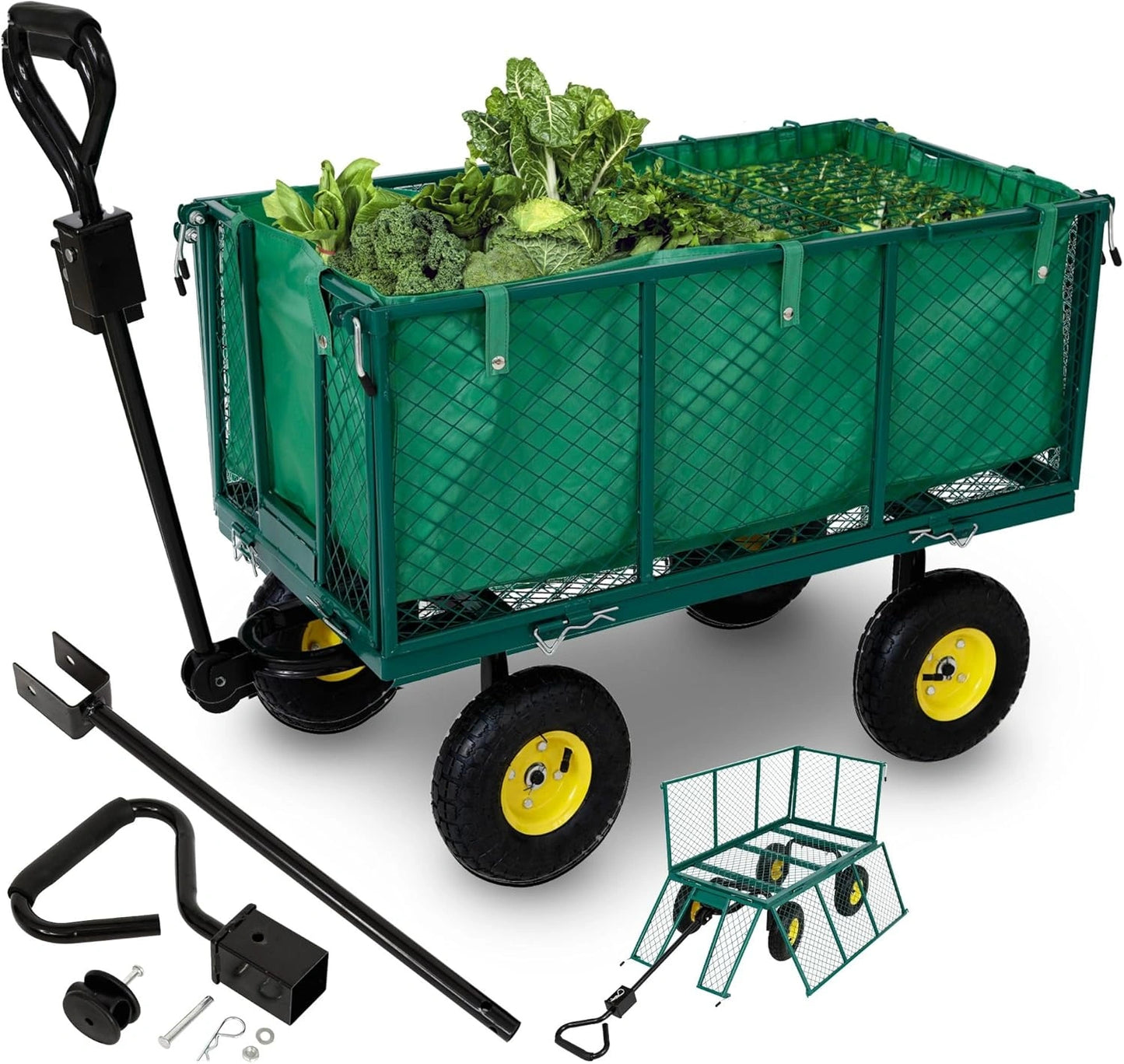 Chariot de Jardin Pliable Arebos, Vert, Charge Maximale 550kg, avec Pneus Profilés et Bâche Amovible