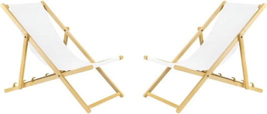 Ensemble de 2 chaises longues pliantes en bois pour extérieur - Blanc
