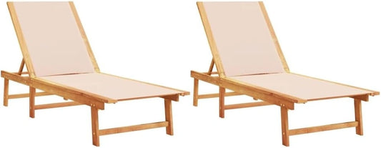 Lot de 2 transats en bois d'acacia et textilène couleur crème