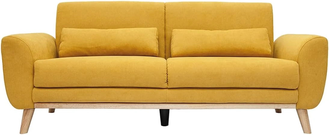 Canapé Scandinave 3 Places Velours Moutarde et Bois Eclairci