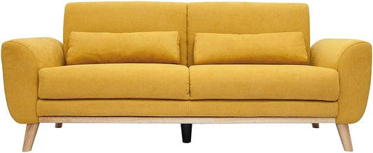 Canapé Scandinave 3 Places Velours Moutarde et Bois Eclairci