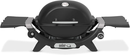Barbecue à Gaz Weber Q 1200N avec Tablettes - Portable pour Camping et Balcons, Brûleur Puissant, Grilles en Fonte Émaillée, Allumage Électronique, Noir Minuit