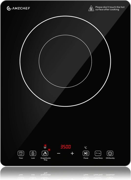 Plaque Induction Portable AMZCHEF 3500W, Anneau Double, 9 Niveaux, Sécurité, Pause, Minuteur