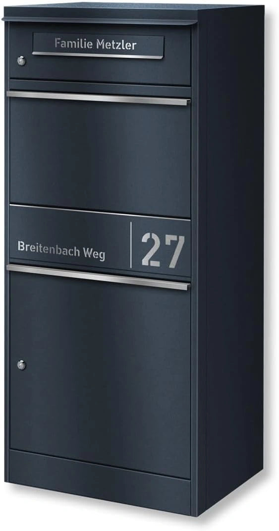 Grande boîte aux lettres anthracite avec compartiment à colis et plaque inox personnalisée