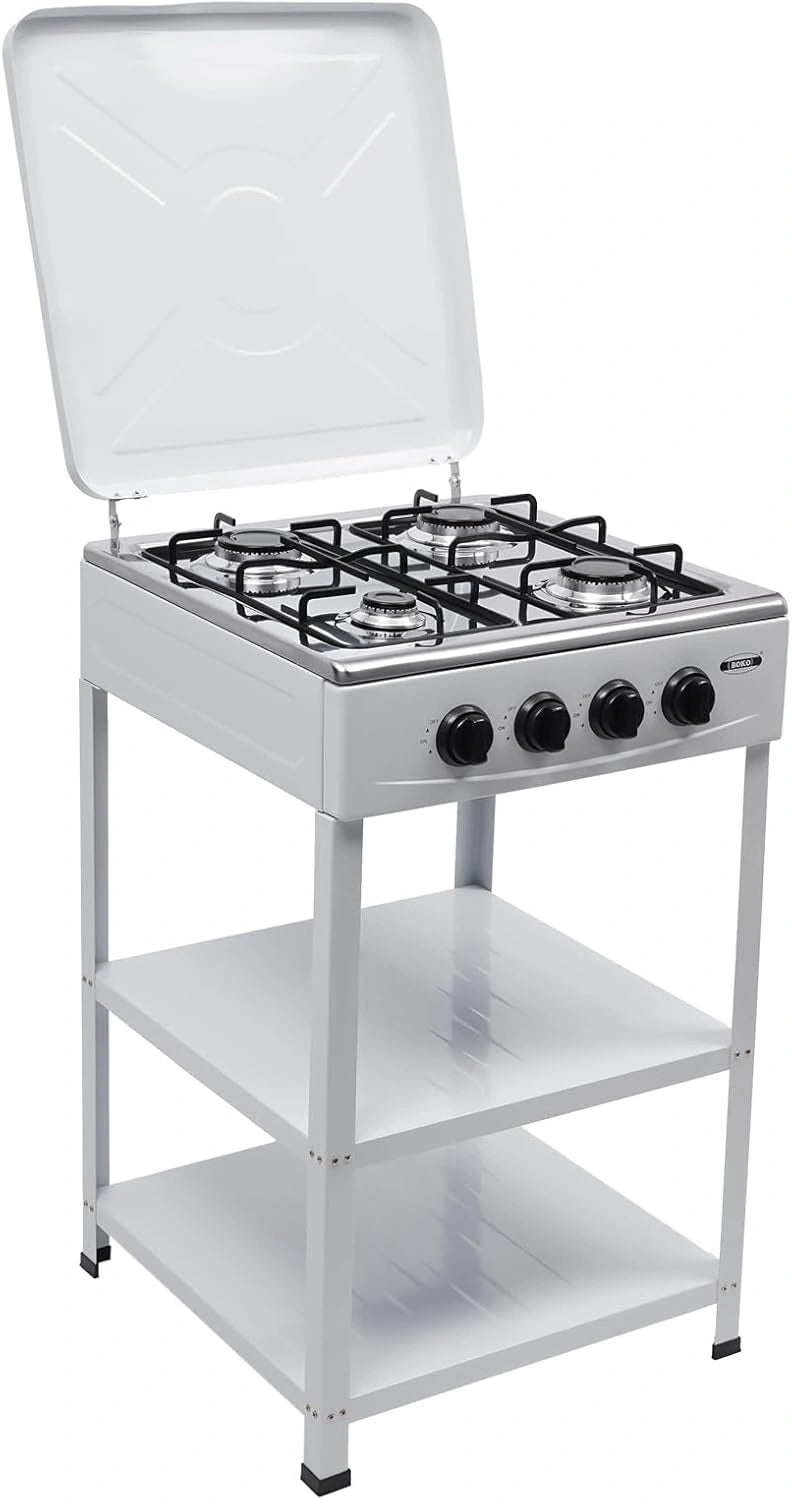 Cuisinière à gaz 4 feux avec supports antidérapants, idéale pour camping, dimensions 49 x 49 x 79 cm, blanche