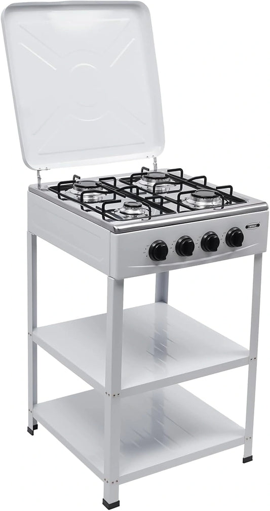 Cuisinière à gaz 4 feux avec supports antidérapants, idéale pour camping, dimensions 49 x 49 x 79 cm, blanche