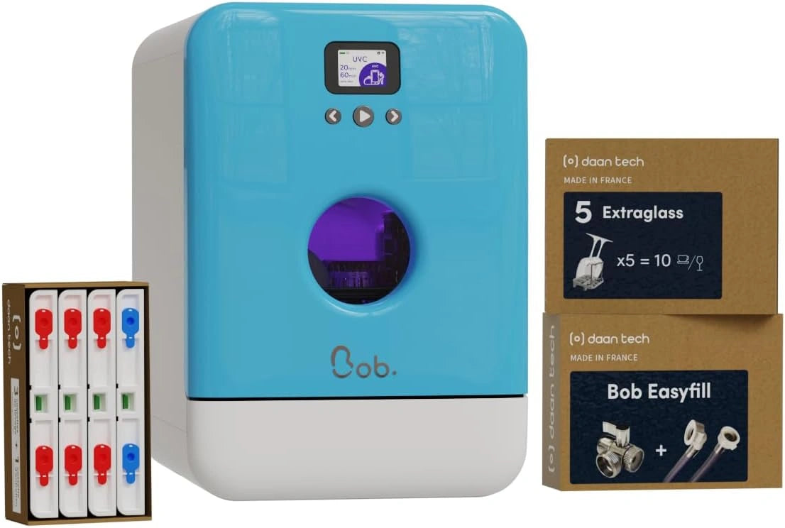 Lave-vaisselle Compact DAAN TECH Bob - 3 Couverts, Portable avec Réservoir - Séchage Naturel, Assiettes 29 cm, Origine France Garantie, Design Écologique (Bleu Premium)