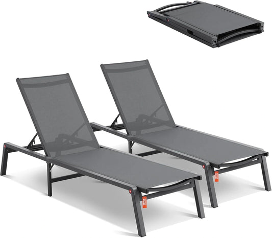 Lot de 2 Chaises Longues Plage et Jardin en Aluminium, Transats Pliables avec 5 Positions Ajustables, Coussinets Inclus, Gris Foncé