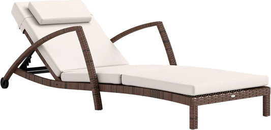 Chaise Longue de Jardin Réglable en Résine Tressée avec Coussin et Accoudoirs, Marron Beige