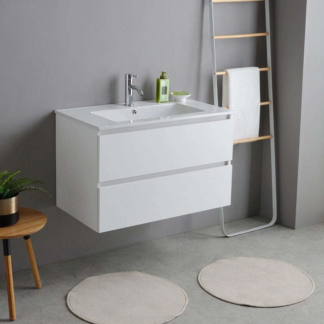 Ensemble Meuble Salle de Bain 80 cm Blanc Effet Bois avec Lavabo Céramique - Bilbao