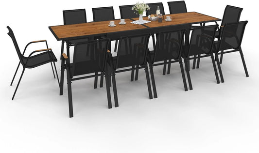 Ensemble de Jardin NOUMEA Extensible avec Plateau Effet Bois et 12 Chaises Empilables, Noir