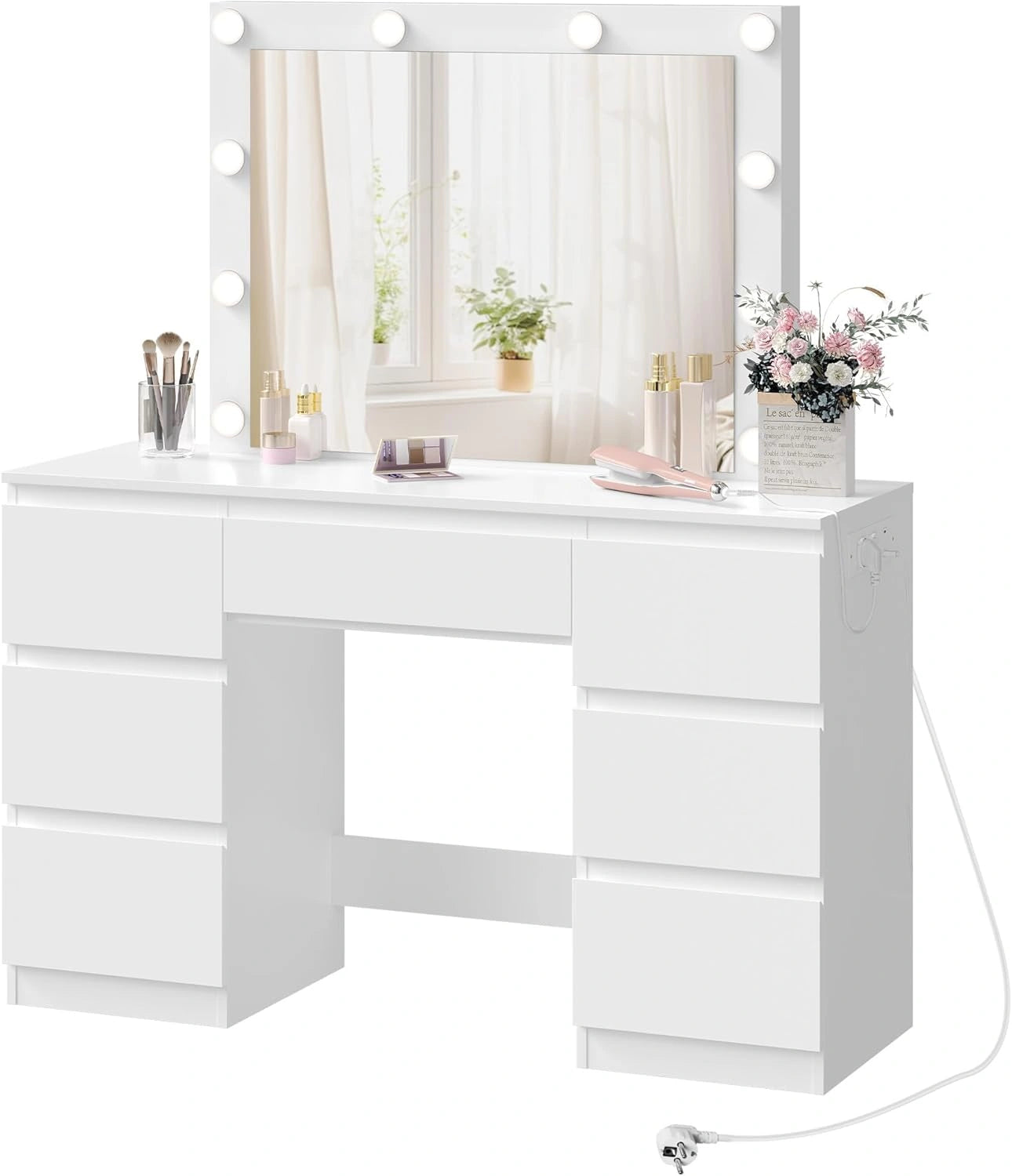 Coiffeuse WOLTU avec Lumières LED Réglables, Prise Intégrée, 7 Tiroirs, 110x39,5x140,5 cm, Blanc Élégant