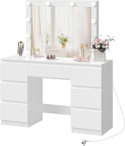 Coiffeuse WOLTU avec Lumières LED Réglables, Prise Intégrée, 7 Tiroirs, 110x39,5x140,5 cm, Blanc Élégant