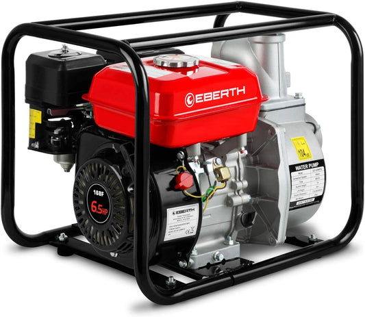 Pompe à Eau de Jardin EBERTH, Moteur Essence 6,5 CV, 4 Temps, Débit 60,000 l/h, Raccord 3 Pouces, Aspiration 7 m, Démarrage Câble, Cadre Métallique, Poignée Transport