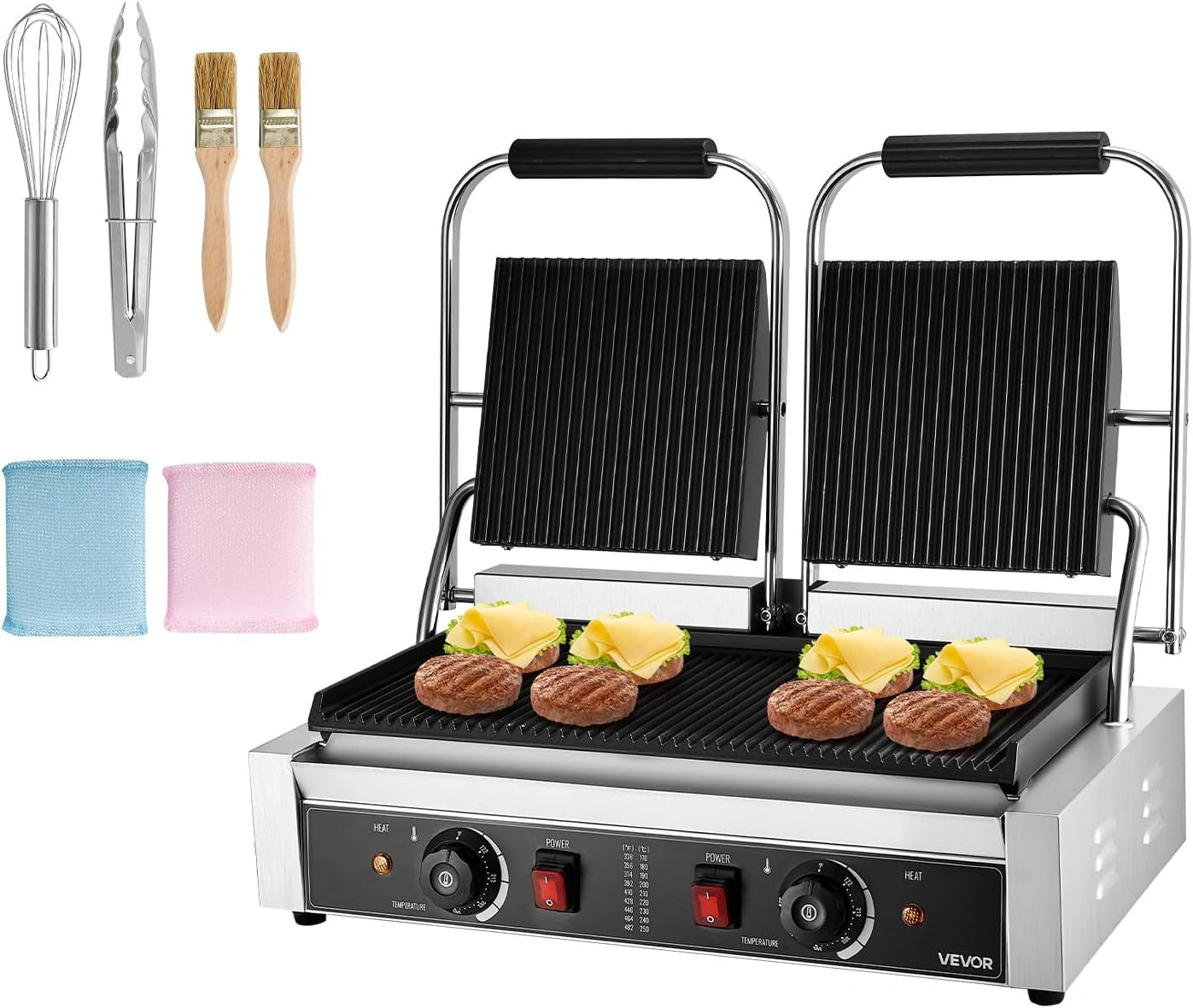 VEVOR Presse Panini Électrique 3600W, Double Grill Rainuré 48,5x23 cm, Appareil à Sandwich en Acier Inoxydable avec Contrôle Température, Idéal pour Burger et Steak