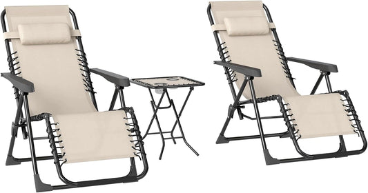 Ensemble de 2 Chaises Longues Pliables avec Table, Relaxation Zéro Gravité pour Jardin, Porte-gobelets et Coussin, Capacité 120 kg, Beige