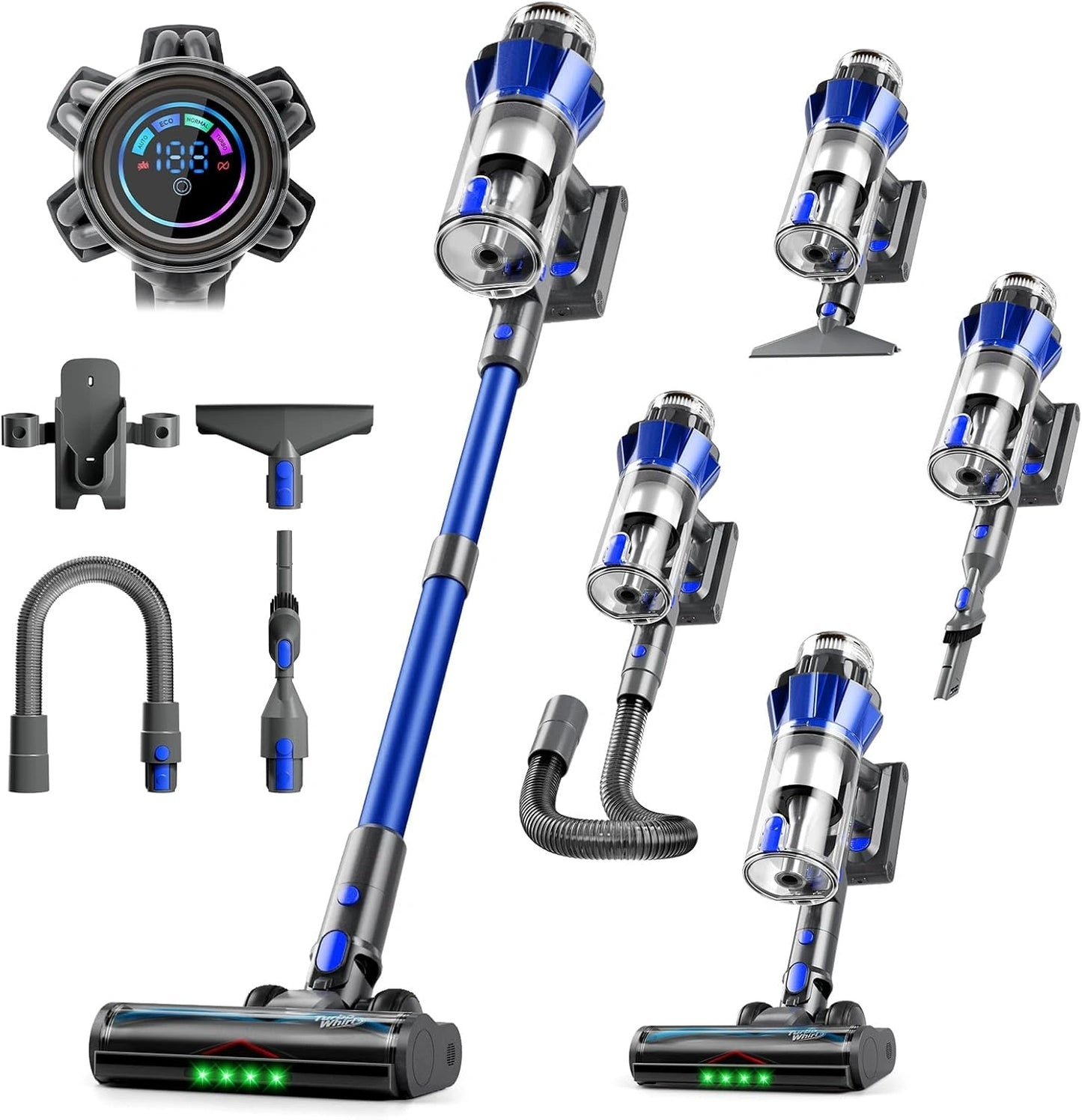 Aspirateur Balai sans Fil Hearten 600W, 70000Pa, 65min Autonomie, Grand Bac 1,8L, Écran LED, Détection des Particules, Filtration 8 Niveaux, Accessoire Flexible pour Tous Sols
