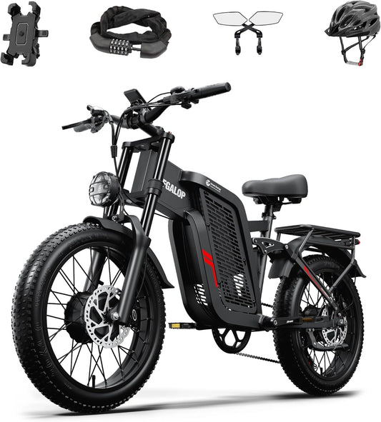 Vélo électrique adulte, double moteur, batterie 52V 24Ah, autonomie 90 km, pneus larges 20 pouces, suspension intégrale, 7 vitesses