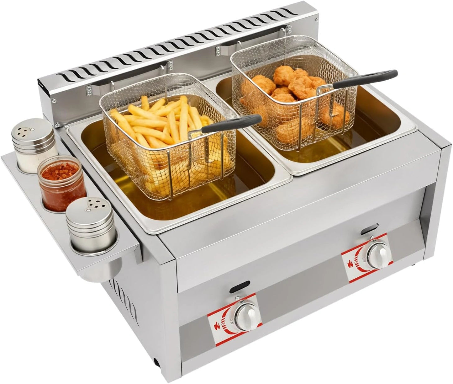 Friteuse à gaz professionnelle en inox - Double réservoir avec paniers filtrants et zones froides - Idéale pour restaurants et snacks