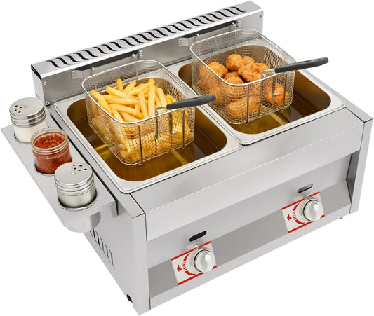 Friteuse à gaz professionnelle en inox - Double réservoir avec paniers filtrants et zones froides - Idéale pour restaurants et snacks