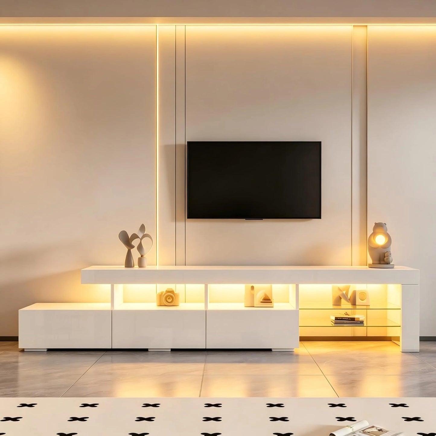 Meuble TV Blanc Brillant avec LED et Triple Tiroirs, Convient à Écrans jusqu'à 75 Pouces, Dimensions 180 x 35 x 45 cm pour Salon et Salle à Manger