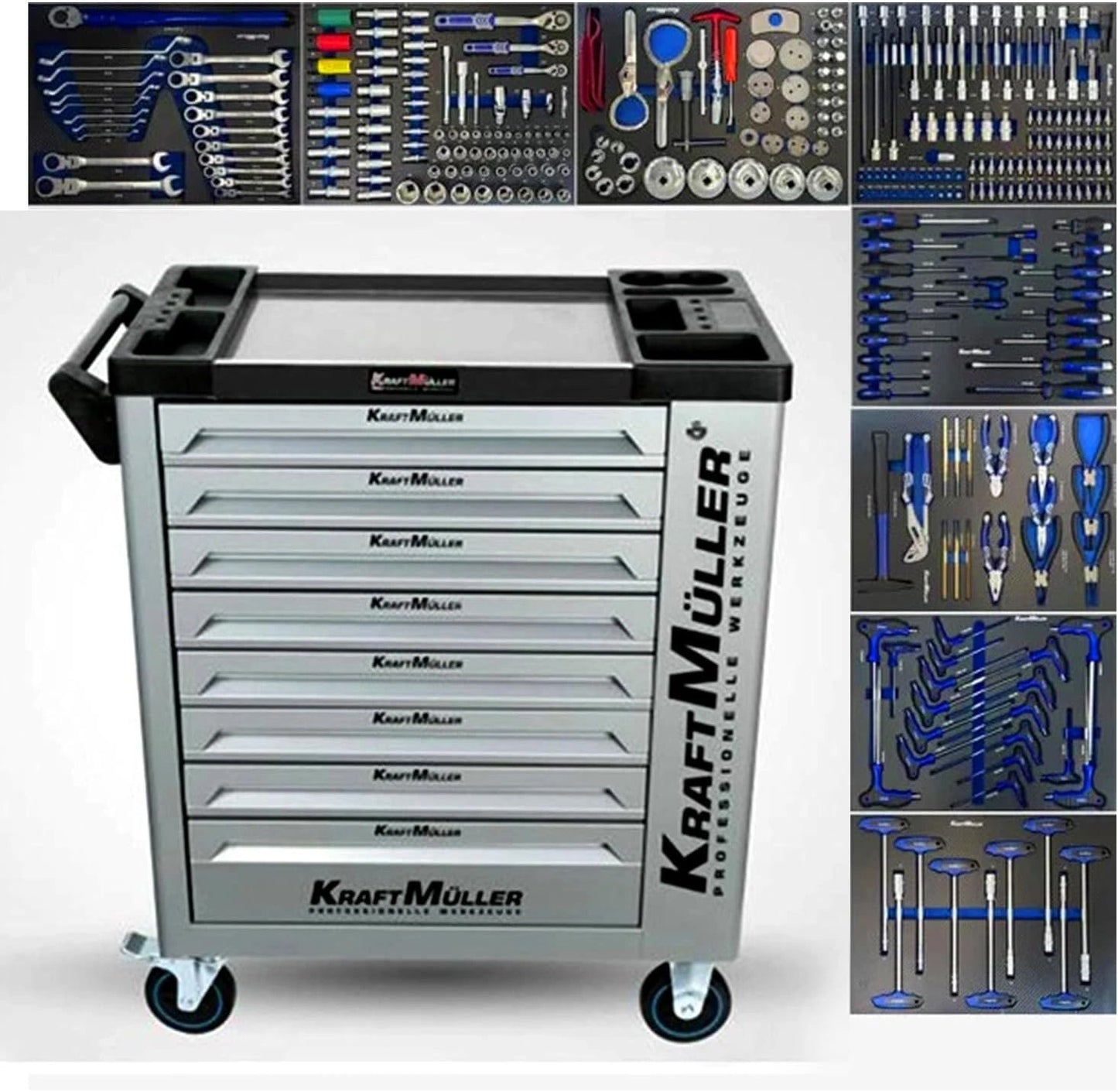 Chariot d'Atelier XL Kraftmuller - 8 Tiroirs avec 309 Outils et Clé Dynamométrique pour Garage Automobile