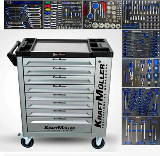 Chariot d'Atelier XL Kraftmuller - 8 Tiroirs avec 309 Outils et Clé Dynamométrique pour Garage Automobile