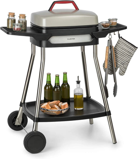 Barbecue Électrique sur Pied Klarstein Gatsby, 2000 W, Surface Antiadhésive 40x36 cm, Couvercle et Deux Tables, Beige/Noir