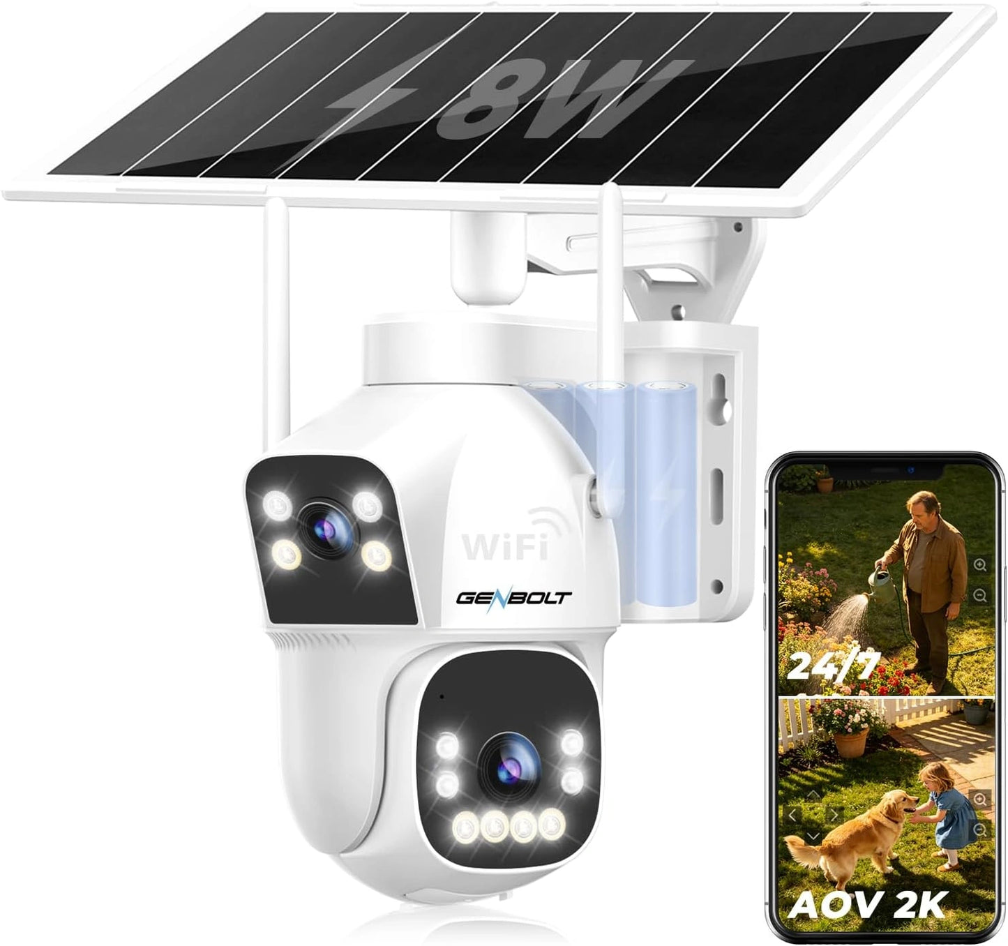 Caméra de Surveillance Solaire WiFi 2.5K Extérieure GENBOLT, 24/7 enregistrement, 6MP IP, Batterie 15600mAh, Détection IA, Double WiFi 2.4/5GHz