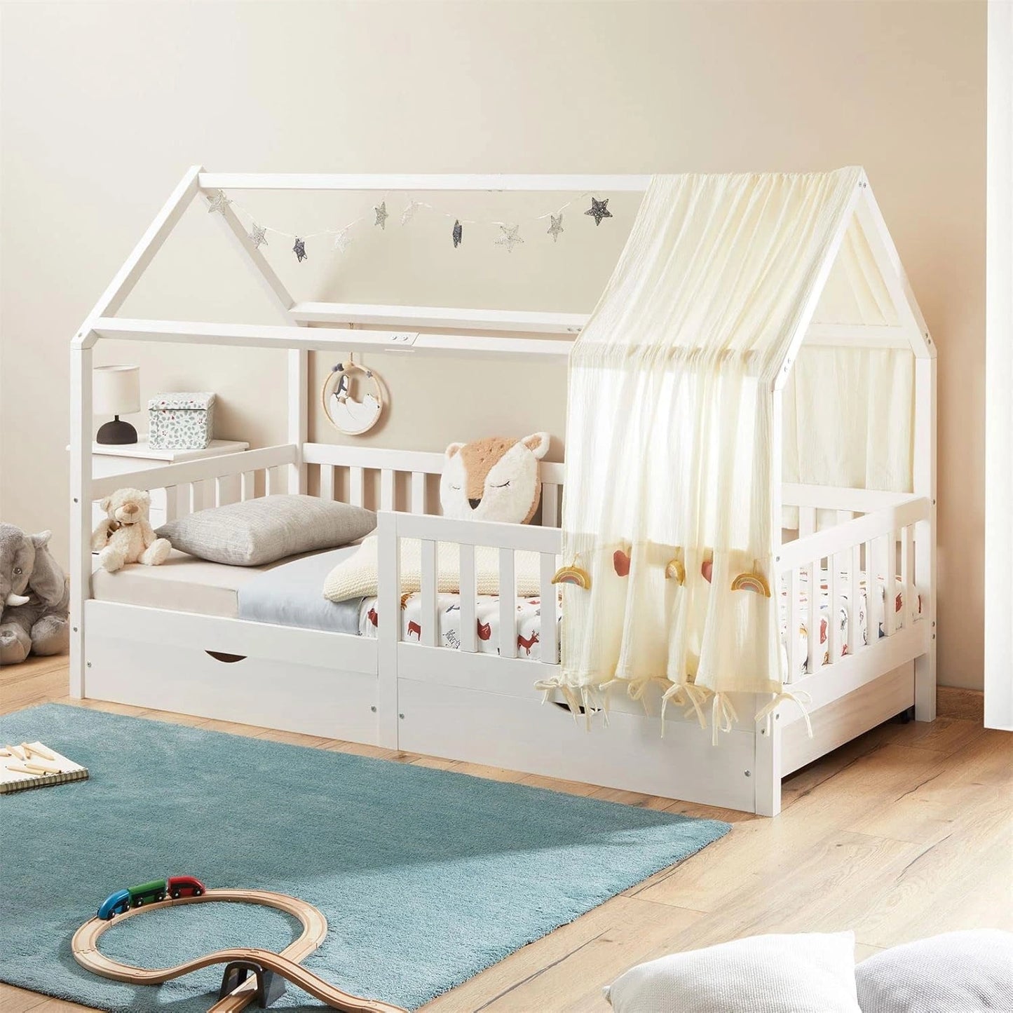 Cabane de Lit pour Enfants Montessori en Bois 90x200 cm avec Tiroirs de Rangement