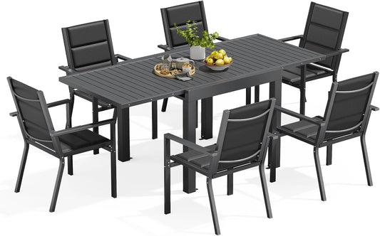 Ensemble de Jardin en Aluminium pour 6 Personnes, Table Extensible et Chaises Empilables, Mobilier d'Extérieur Moderne Gris Foncé