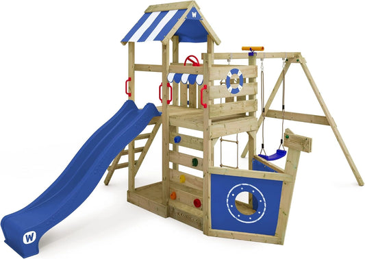 Aire de Jeux en Bois WICKEY SeaFlyer avec Portique, Balançoire et Toboggan Bleu, Tour d'Escalade avec Bac à Sable et Échelle pour Enfants