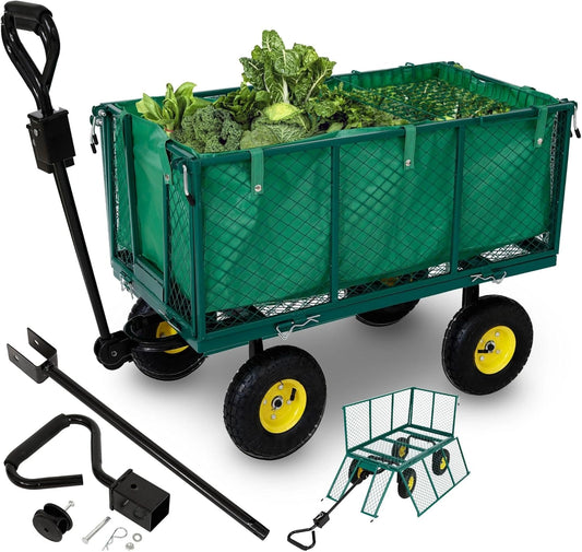 Chariot de Jardin Pliable Arebos, Vert, Charge Maximale 550kg, avec Pneus Profilés et Bâche Amovible