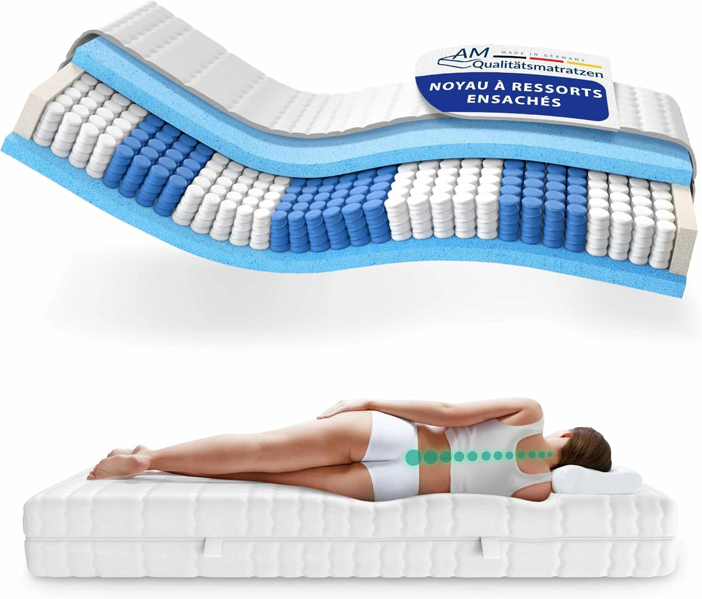 Matelas 90x190 cm à Ressorts Ensachés - Confort 7 Zones - Housse Lavable