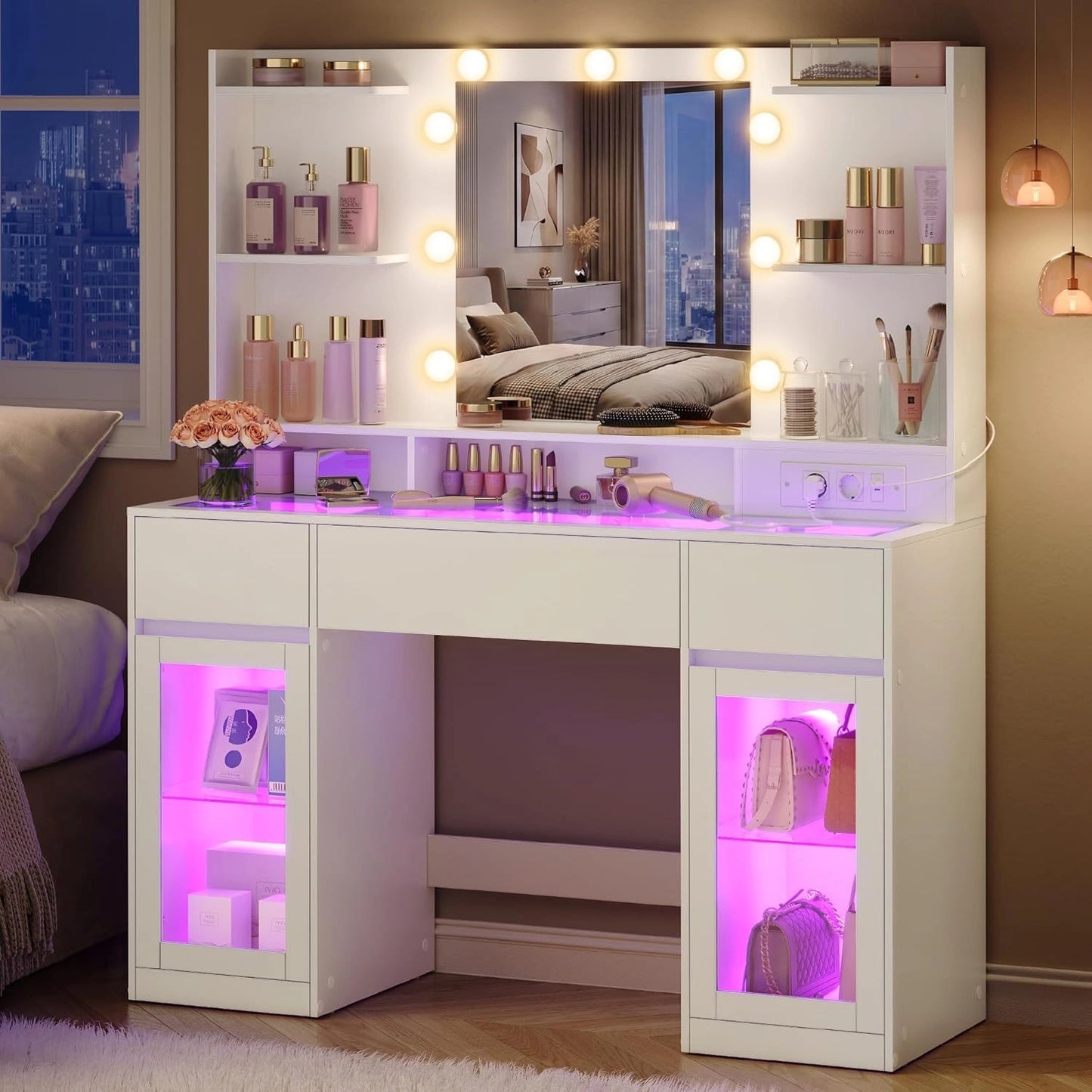 VASAGLE Coiffeuse avec Miroir LED RGB et Prises, Table de Maquillage en Verre, Rangements Intégrés, 107 x 40 x 144,5 cm, Blanc, Collection Kailyn