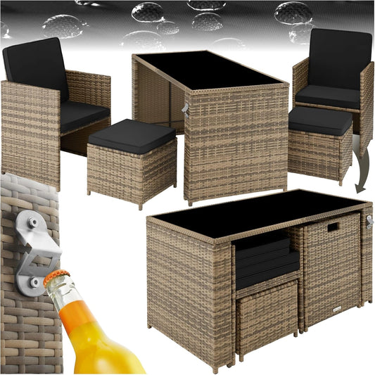 Ensemble Mobilier de Jardin en Rotin Synthétique pour 4 Personnes avec Coussins et Table