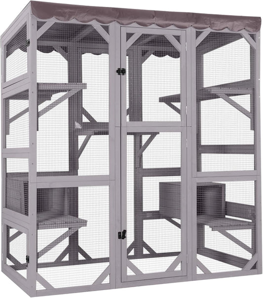 Grande Maison en Bois pour Chats Intérieur et Extérieur, Enclos Mobile avec Toit Imperméable