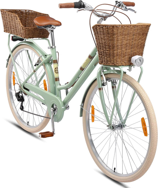 Vélo Urbain pour Femme 26/28 Pouces en Aluminium avec Shimano 7 Vitesses, Panier et Accessoires