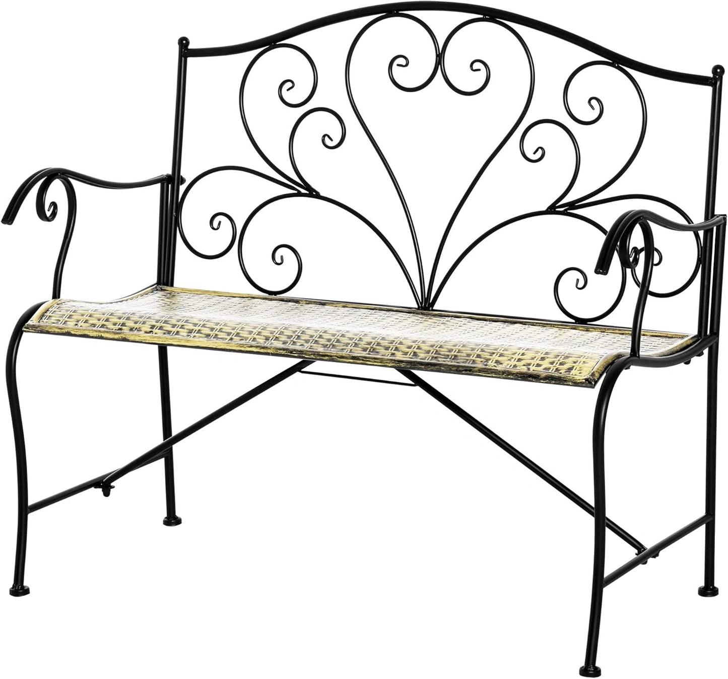 Banc de Jardin 2 Places en Fer Forgé Noir Doré Style Vintage