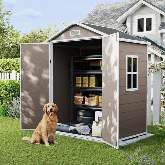 Abri de Jardin en Résine 184x135x210cm, Toit Inclinable, Porte Verrouillable, Marron