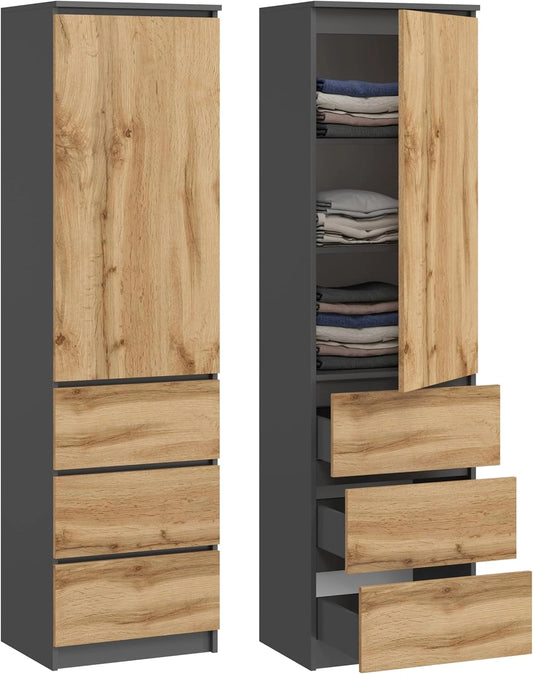 Armoire de Rangement Polyvalente avec 3 Tiroirs et Portes - Design Moderne pour Bureau et Maison en Graphite et Chêne Wotan, 180,5x50x40 cm